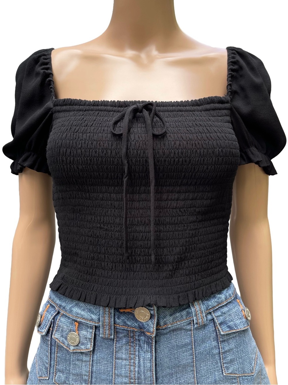 Wilfred Black Smocked Puff Sleeve Top M